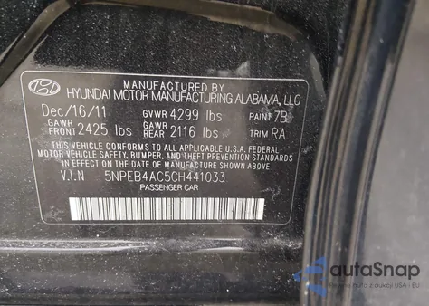 2012 Hyundai Sonata Gls z USA, uszkodzony, nr VIN 5NPEB4AC5CH441033